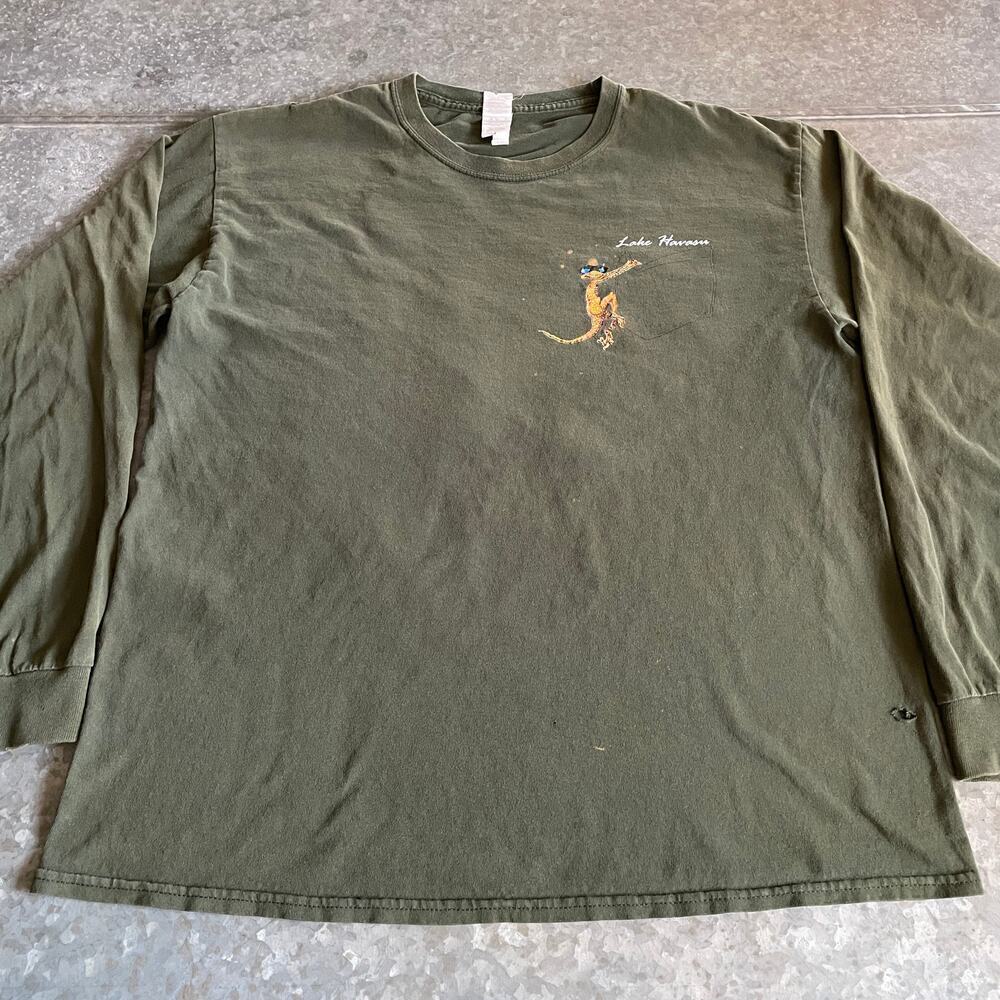 Lake Havasu Gecko Lizard Long Sleeve Shirt Mens Large Vintage Y2K Green Grunge